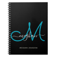 Modern Chic Black Teal Script Monogrammed Notebook