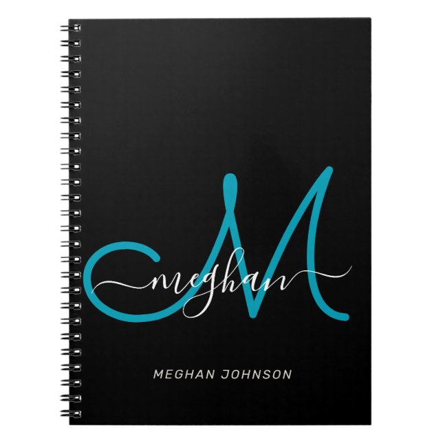 Modern Chic Black Teal Script Monogrammed Notebook (Front)