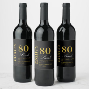 Modern Chic Black White & Gold 80 Birthday Party  Wine Label