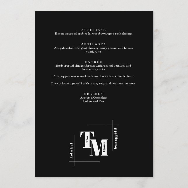 Modern Chic Black White Minimal Wedding Thank You Menu (Front)