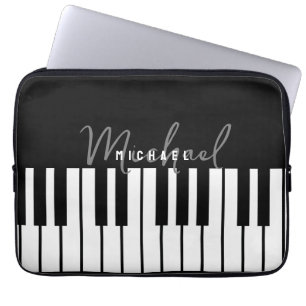 Modern Chic Black & White Piano Keyboard Monogram Laptop Sleeve