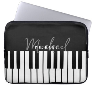 Modern Chic Black & White Piano Keyboard Monogram Laptop Sleeve