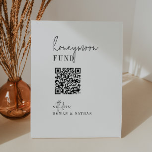 Modern Chic Black White QR Code Honeymoon Fund  Pedestal Sign