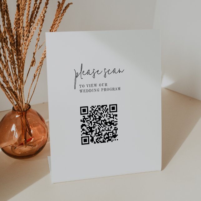 Modern Chic Black White QR Code Wedding Program Pedestal Sign (Creator Uploaded)