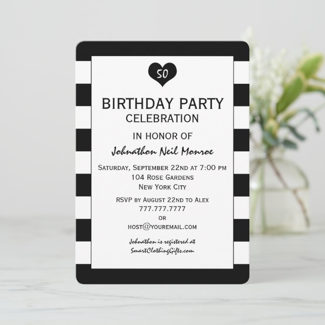 Modern Chic Black & White Stripes Birthday Invitation (Standing Front)