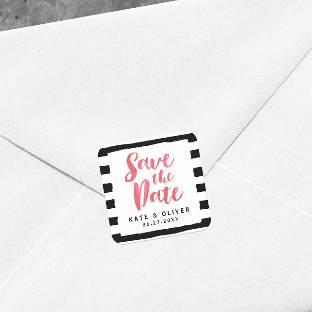Modern Chic Black & White Stripes Save the Date Square Sticker (Creator Uploaded)