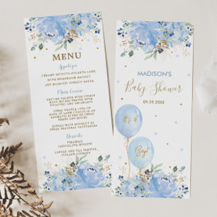 Modern Chic Blue Floral Balloons Baby Shower Menu