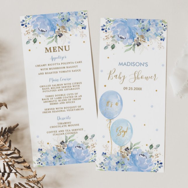 Modern Chic Blue Floral Balloons Baby Shower Menu (Creator Uploaded)