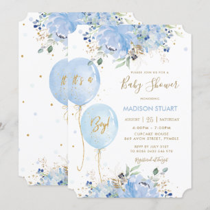 Modern Chic Blue Floral Balloons Boy Baby Shower Invitation