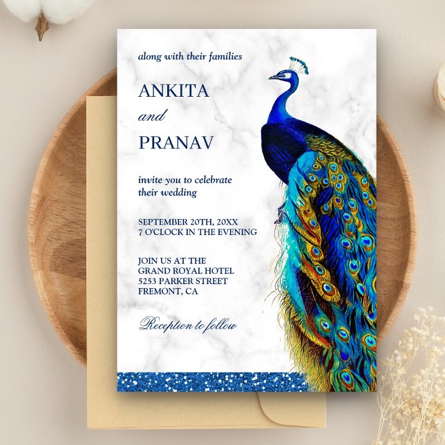 Modern Chic Blue Glitter Peacock Indian Wedding Invitation (Creator Uploaded)