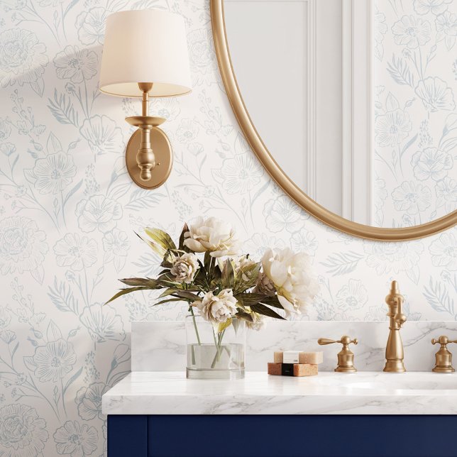 Modern Chic Blue Line Art Floral Foliage Pattern Wallpaper (Modern Chic Blue Line Art Floral Foliage Pattern Wallpaper)