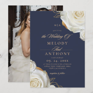 Modern Chic Blue White Rose Wedding Invitation