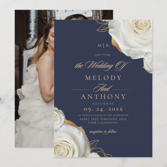 Modern Chic Blue White Rose Wedding  Invitation (Front/Back)