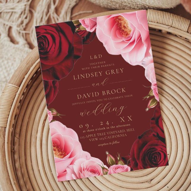 Modern Chic Blush Burgundy  Roses Florals Wedding Invitation (Creator Uploaded)