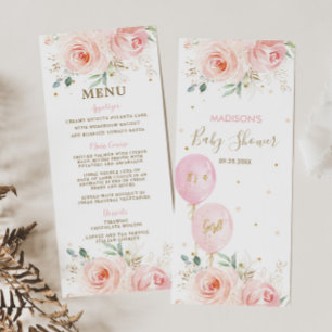 Modern Chic Blush Floral Balloons Baby Shower Menu
