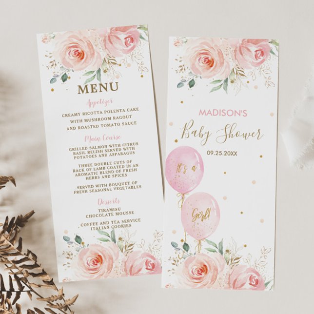 Modern Chic Blush Floral Balloons Baby Shower Menu (Creator Uploaded)