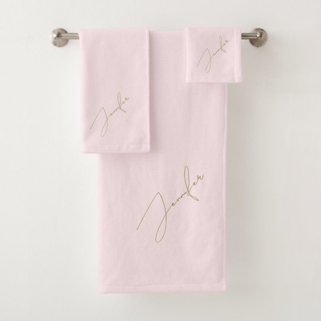 Modern Chic Blush Gold Name Script Bath Towel Set (Insitu)