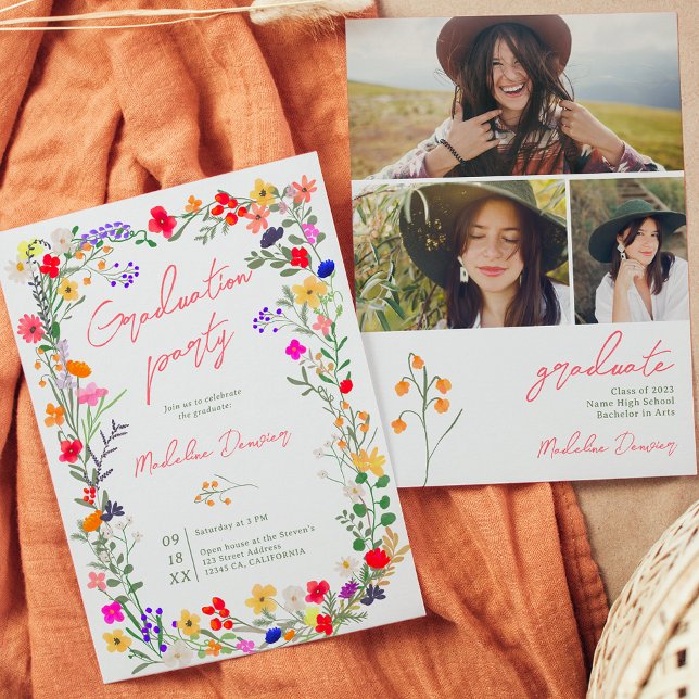 Modern chic boho bright wild flowers graduation invitation (Modern chic boho bright wild flowers graduation invitation)