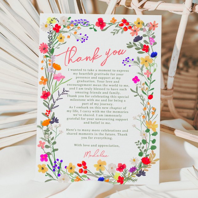 Modern chic boho bright wild flowers graduation thank you card (Modern chic boho bright wild flowers graduation thank you card)