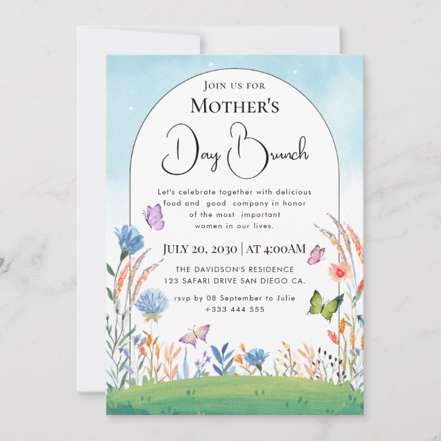 Modern chic boho bright wild flowers invitation (Front)