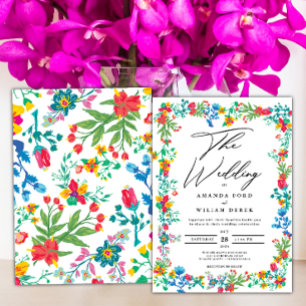 Modern chic boho bright wild flowers Wedding Invitation