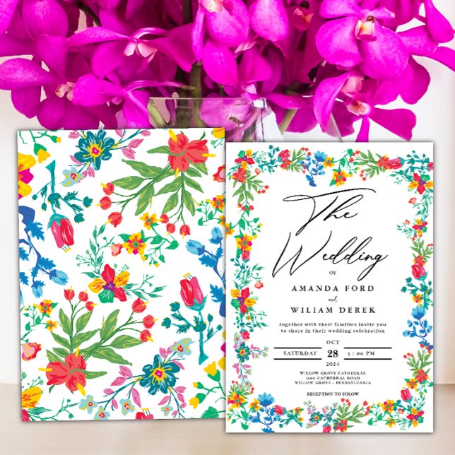 Modern chic boho bright wild flowers Wedding Invitation (Creator Uploaded)