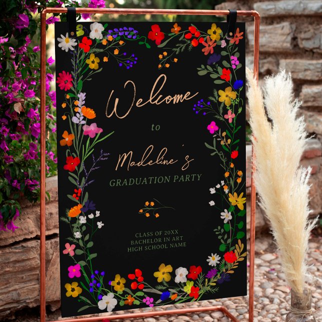 Modern chic boho wild flowers graduation welcome poster (Modern chic boho wild flowers graduation welcome poster black)