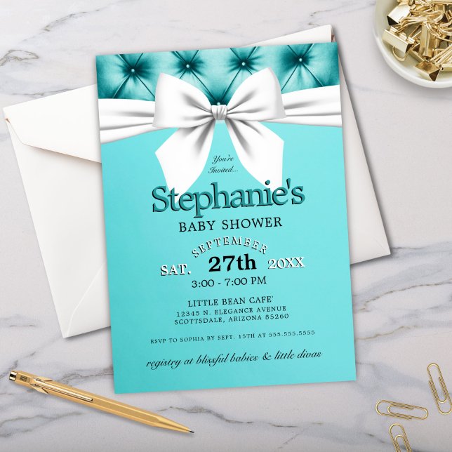 Modern Chic Bow Aqua Blue Tiffany Baby Shower Invitation (elegant tiffany theme baby shower with tufted background, white bow and modern typography)