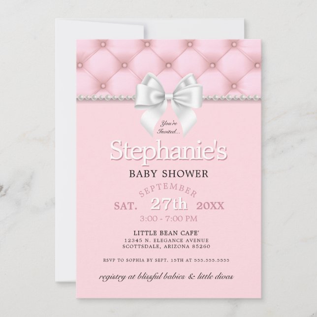Modern Chic Bow Blush Pink Tiffany Baby Shower Invitation (Front)
