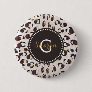 Modern chic brown cheetah print pattern monogram 6 cm round badge