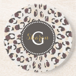 Modern chic brown cheetah print pattern monogram coaster