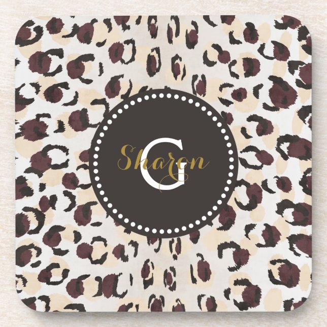 Modern chic brown cheetah print pattern monogram coaster (Front)