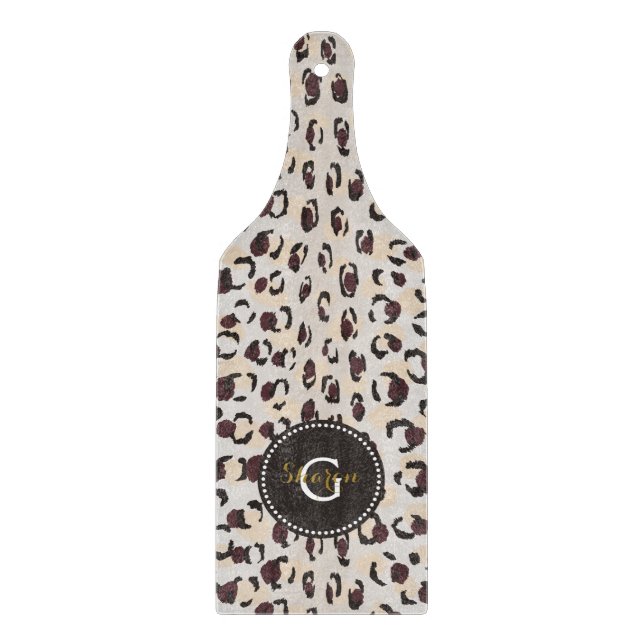 Modern chic brown cheetah print pattern monogram cutting board (Front)
