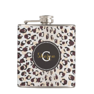 Modern chic brown cheetah print pattern monogram hip flask