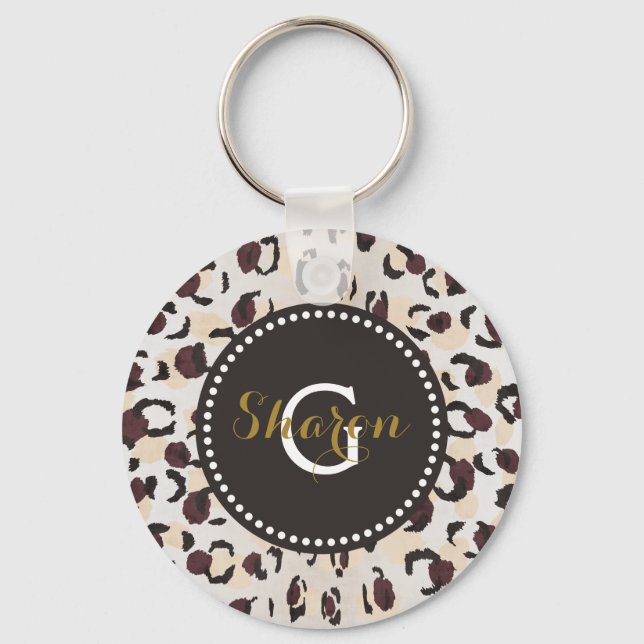 Modern chic brown cheetah print pattern monogram key ring (Front)