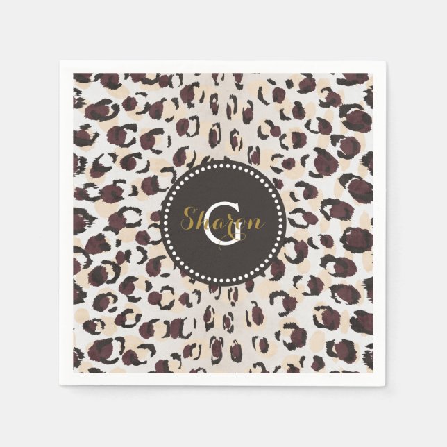 Modern chic brown cheetah print pattern monogram napkin (Front)
