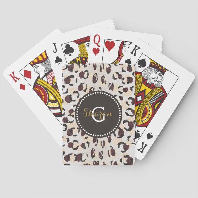 Modern chic brown cheetah print pattern monogram playing cards (Back)