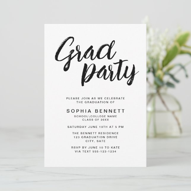 Modern Chic Brush Script Black & White Grad Party Invitation (Standing Front)