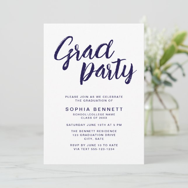 Modern Chic Brush Script Navy & White Grad Party Invitation (Standing Front)