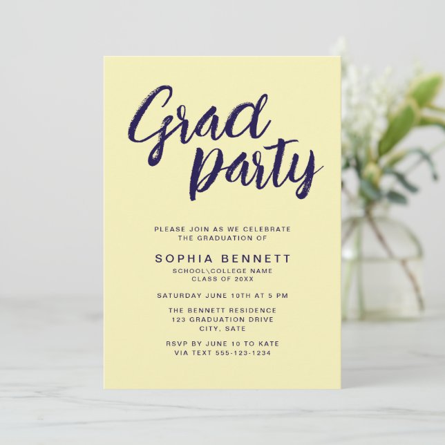 Modern Chic Brush Script Navy & Yellow Grad Party Invitation (Standing Front)