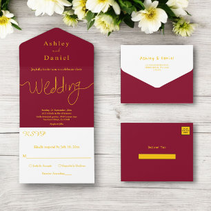Modern Chic Burgundy And Gold Minimal Wedding All In One Invitation