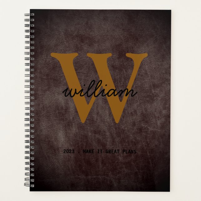 Modern chic burgundy leather script tan monogram planner (Front)