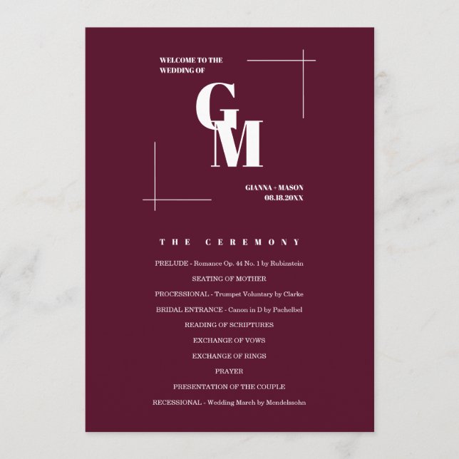 Modern Chic Burgundy Monogram QR Code Wedding Programme (Front)