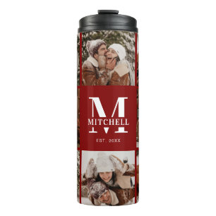Modern Chic Burgundy Monogrammed & Photo Collage Thermal Tumbler