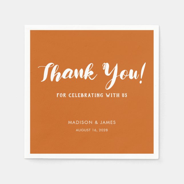 Modern Chic Burnt Orange Script Thank You Wedding Napkin (Front)
