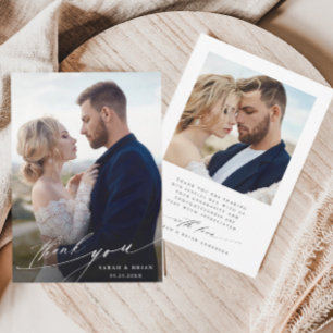 Modern Chic Calligraphy 2 Photo Wedding Thank You Card