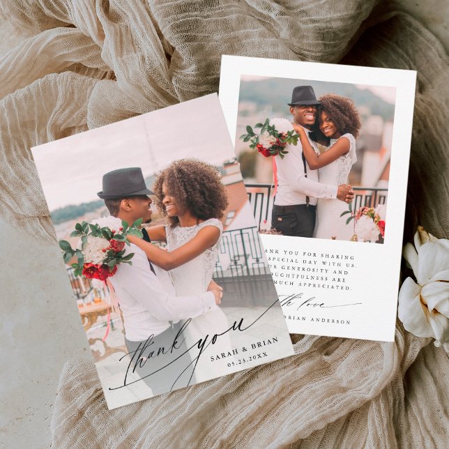 Modern Chic Calligraphy 2 Photo Wedding Thank You Card (Creator Uploaded)