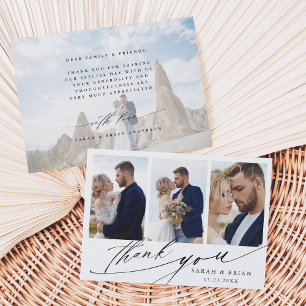 Modern Chic Calligraphy 4 Photo Wedding Thank You Card