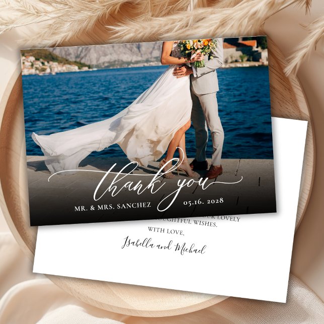 Modern Chic Calligraphy Script One Photo Wedding Thank You Card (Creator Uploaded)
