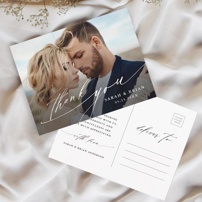 Modern Chic Calligraphy Wedding Photo Thank You  Postcard (Creator Uploaded)